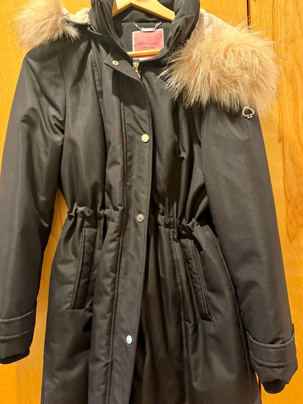 kate spade Black Parka Coat with Fur Trim Detachable Hood, Cinchable Waist, L